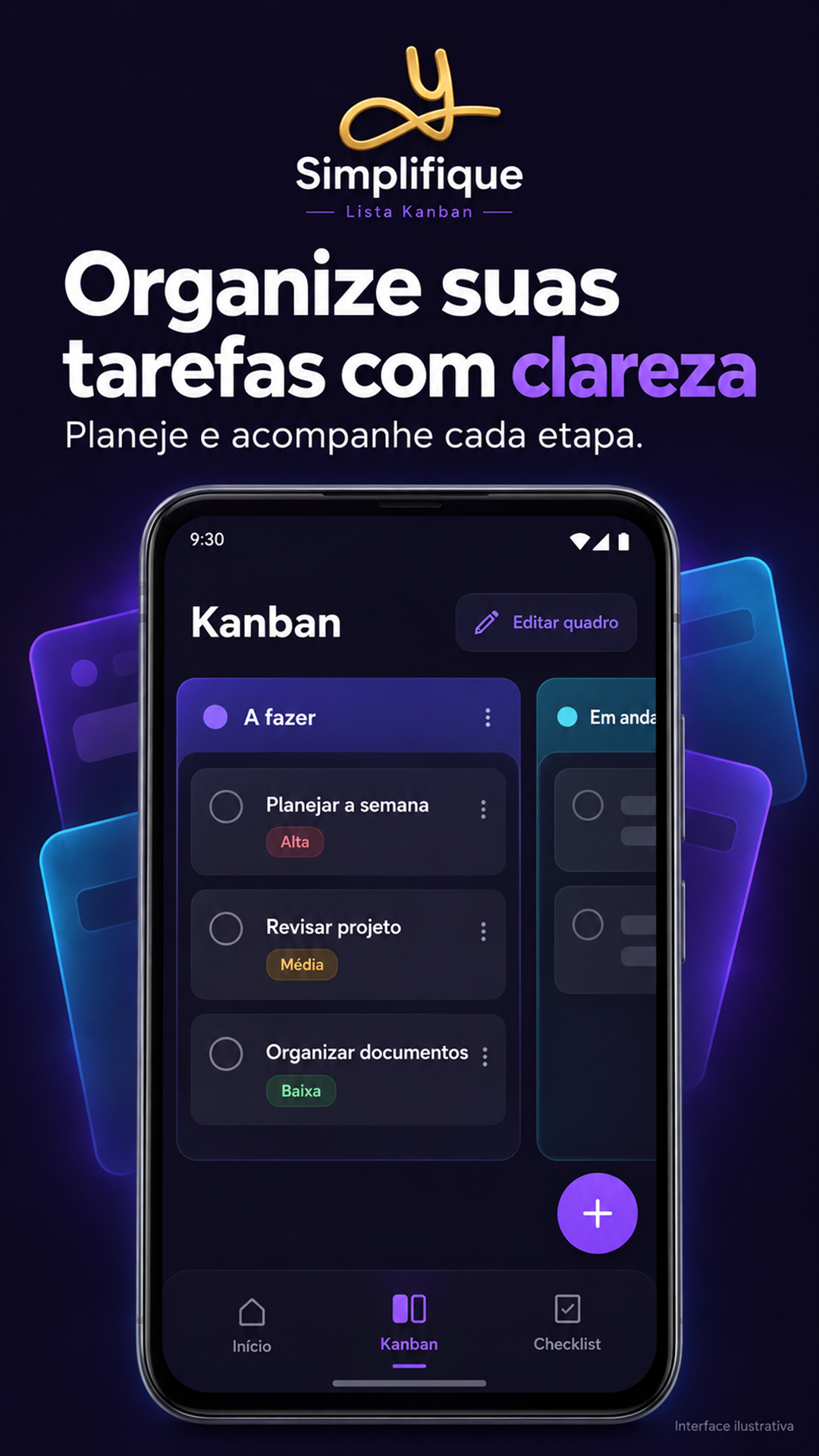 Ilustração do Simplifique mostrando um quadro Kanban com tarefas