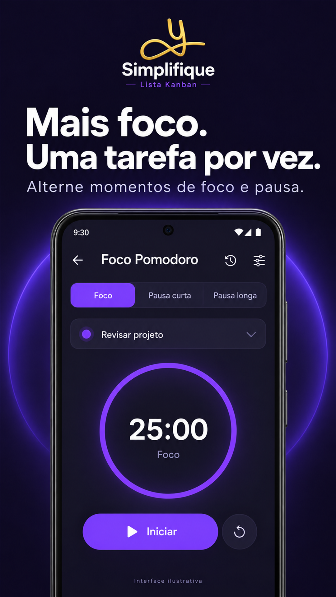 Ilustração do Simplifique mostrando o temporizador Pomodoro